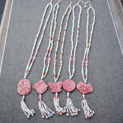 Pink Flower Pendant Necklace - Pink Marble Stone & Shoushan Style