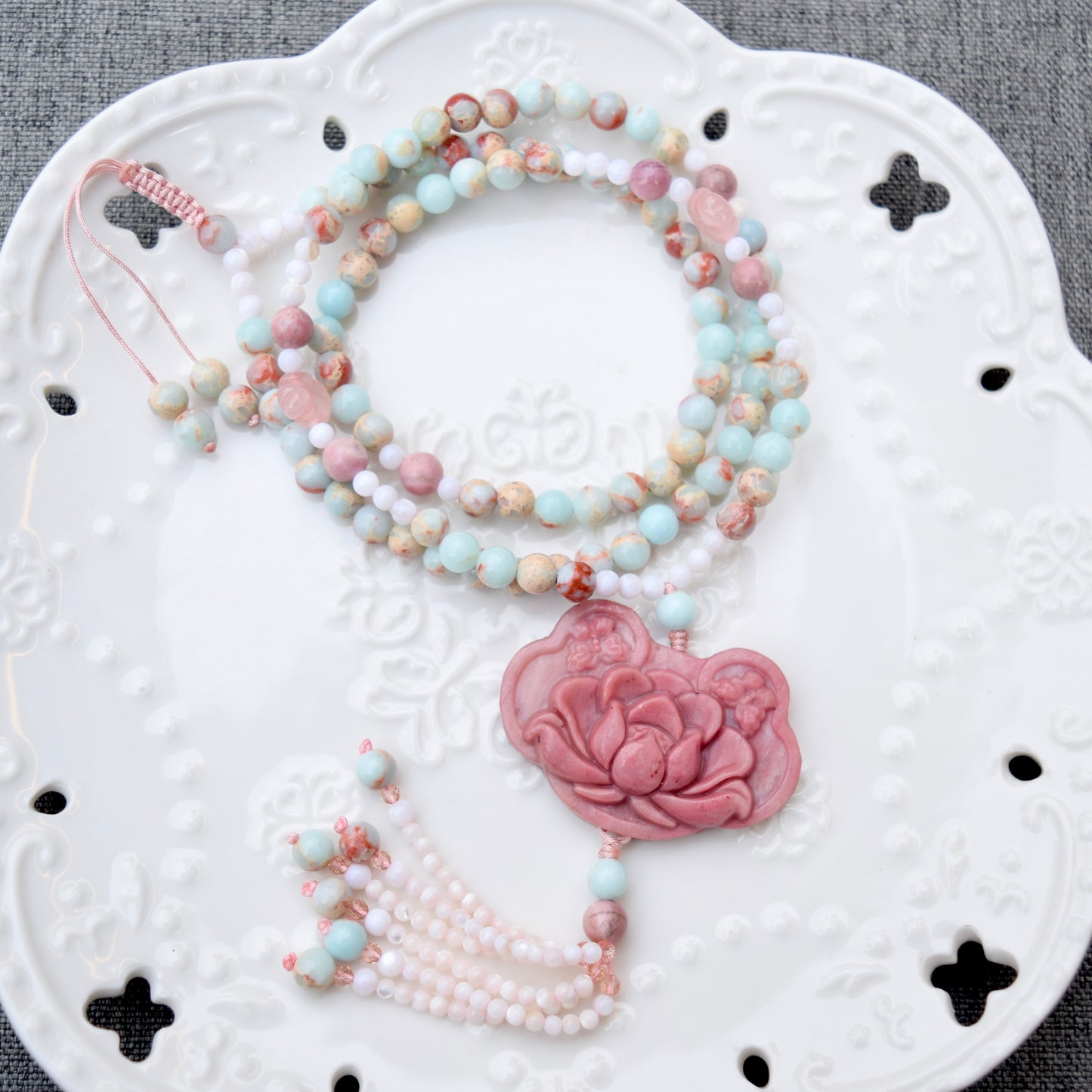 Pink Flower Pendant Necklace - Pink Marble Stone & Shoushan Style