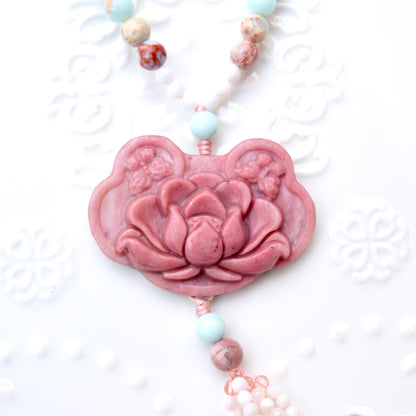Pink Flower Pendant Necklace - Pink Marble Stone & Shoushan Style
