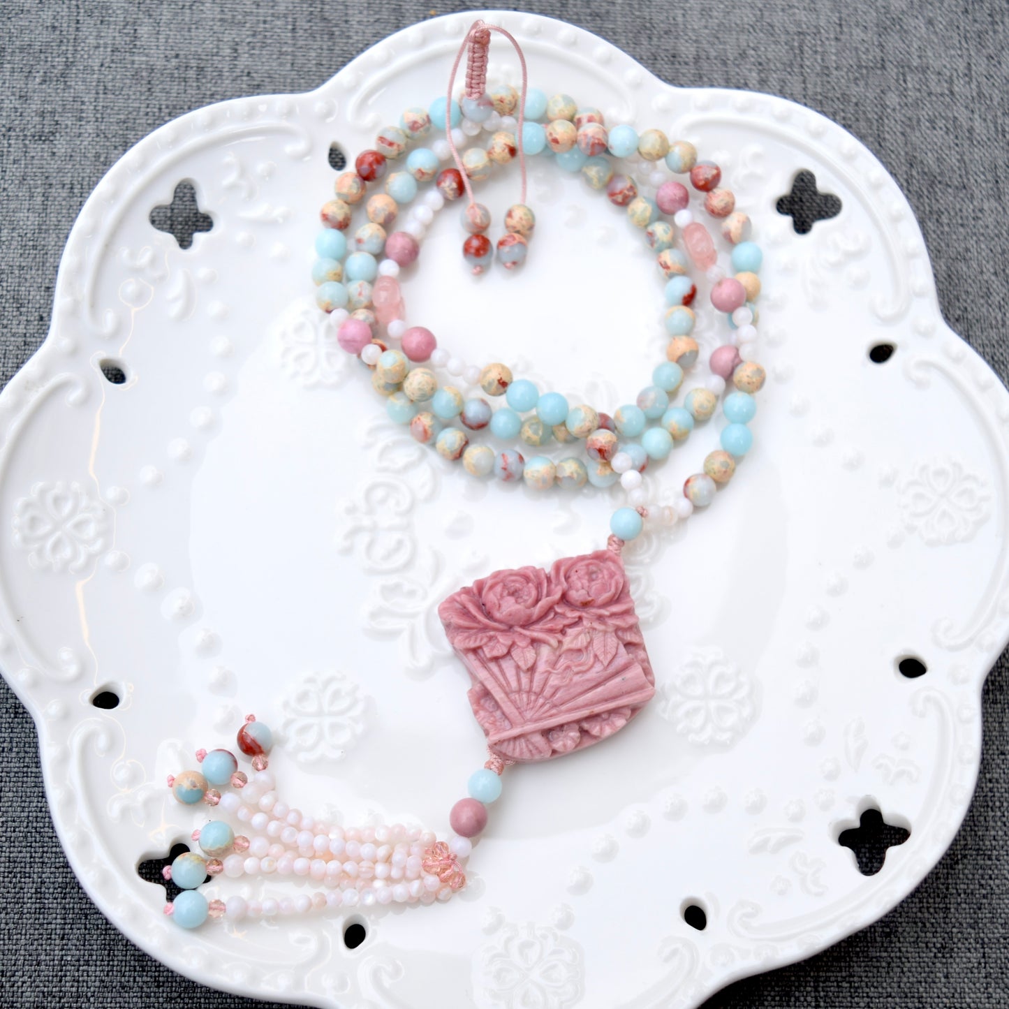 Pink Flower Pendant Necklace - Pink Marble Stone & Shoushan Style