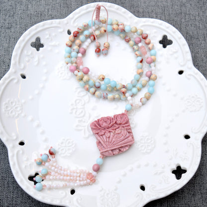 Pink Flower Pendant Necklace - Pink Marble Stone & Shoushan Style