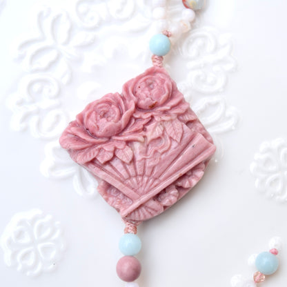 Pink Flower Pendant Necklace - Pink Marble Stone & Shoushan Style