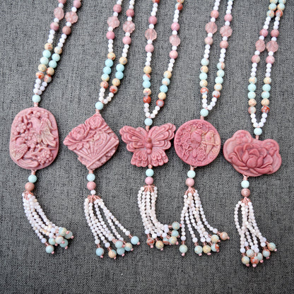 Pink Flower Pendant Necklace - Pink Marble Stone & Shoushan Style