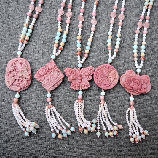 Pink Flower Pendant Necklace - Pink Marble Stone & Shoushan Style