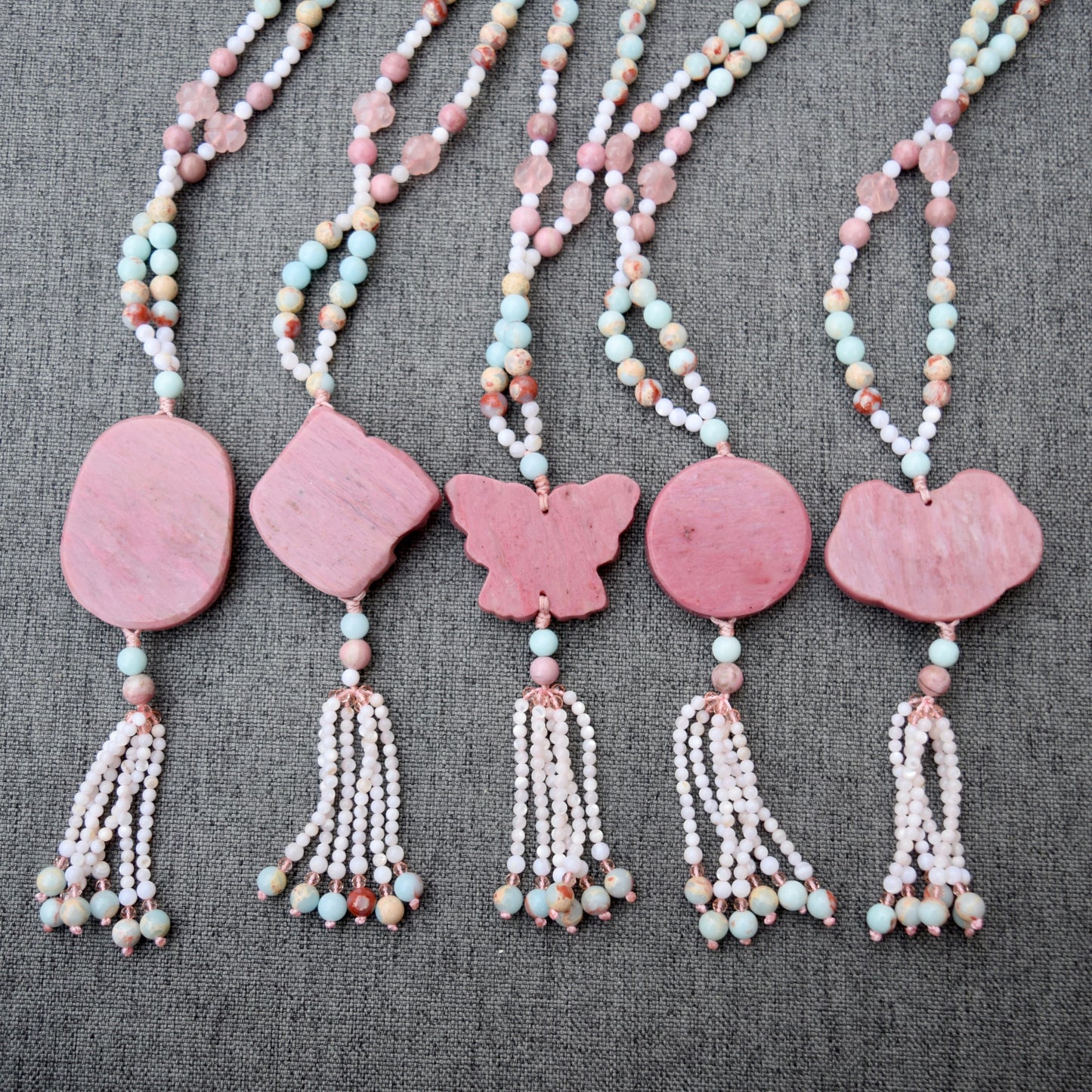 Pink Flower Pendant Necklace - Pink Marble Stone & Shoushan Style