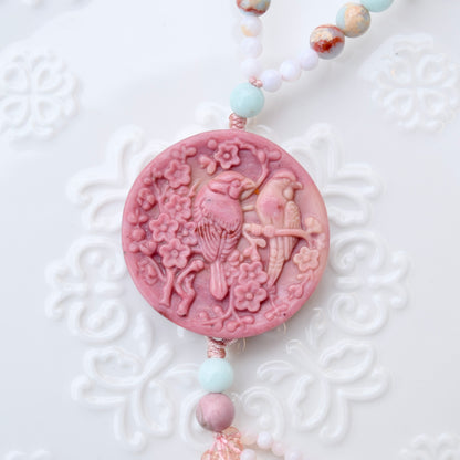 Pink Flower Pendant Necklace - Pink Marble Stone & Shoushan Style