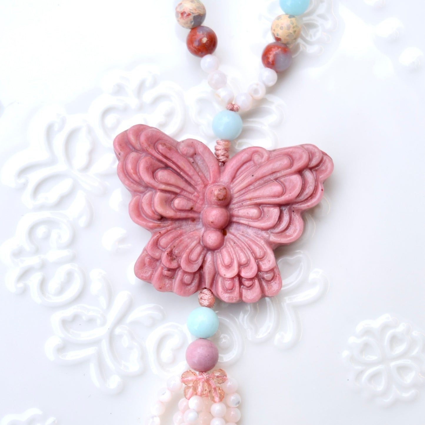 Pink Flower Pendant Necklace - Pink Marble Stone & Shoushan Style