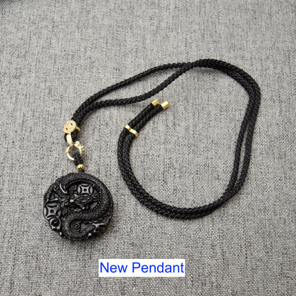 Black Obsidian Dragon Circle Pendant Necklace
