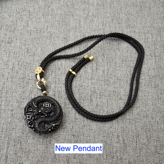 Black Obsidian Dragon Circle Pendant Necklace