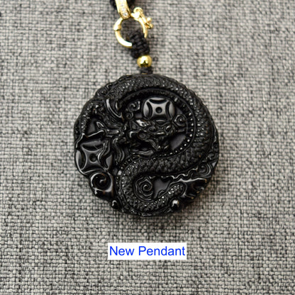 Black Obsidian Dragon Circle Pendant Necklace