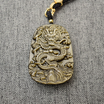 Golden Obsidian Dragon Pendant Necklace