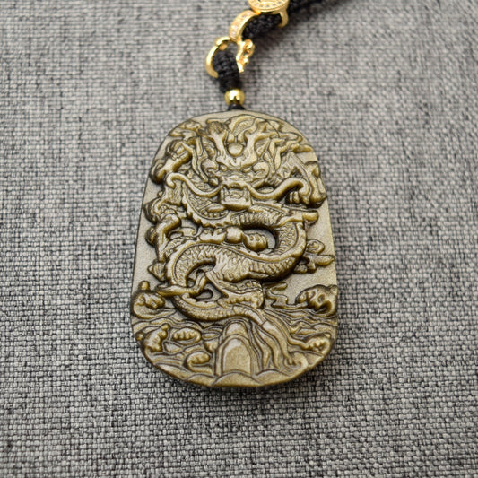 Golden Obsidian Dragon Pendant Necklace