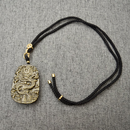 Golden Obsidian Dragon Pendant Necklace