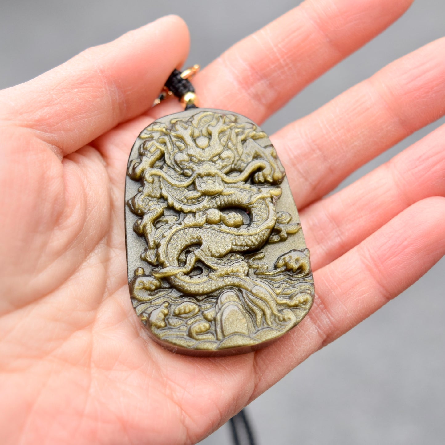 Golden Obsidian Dragon Pendant Necklace