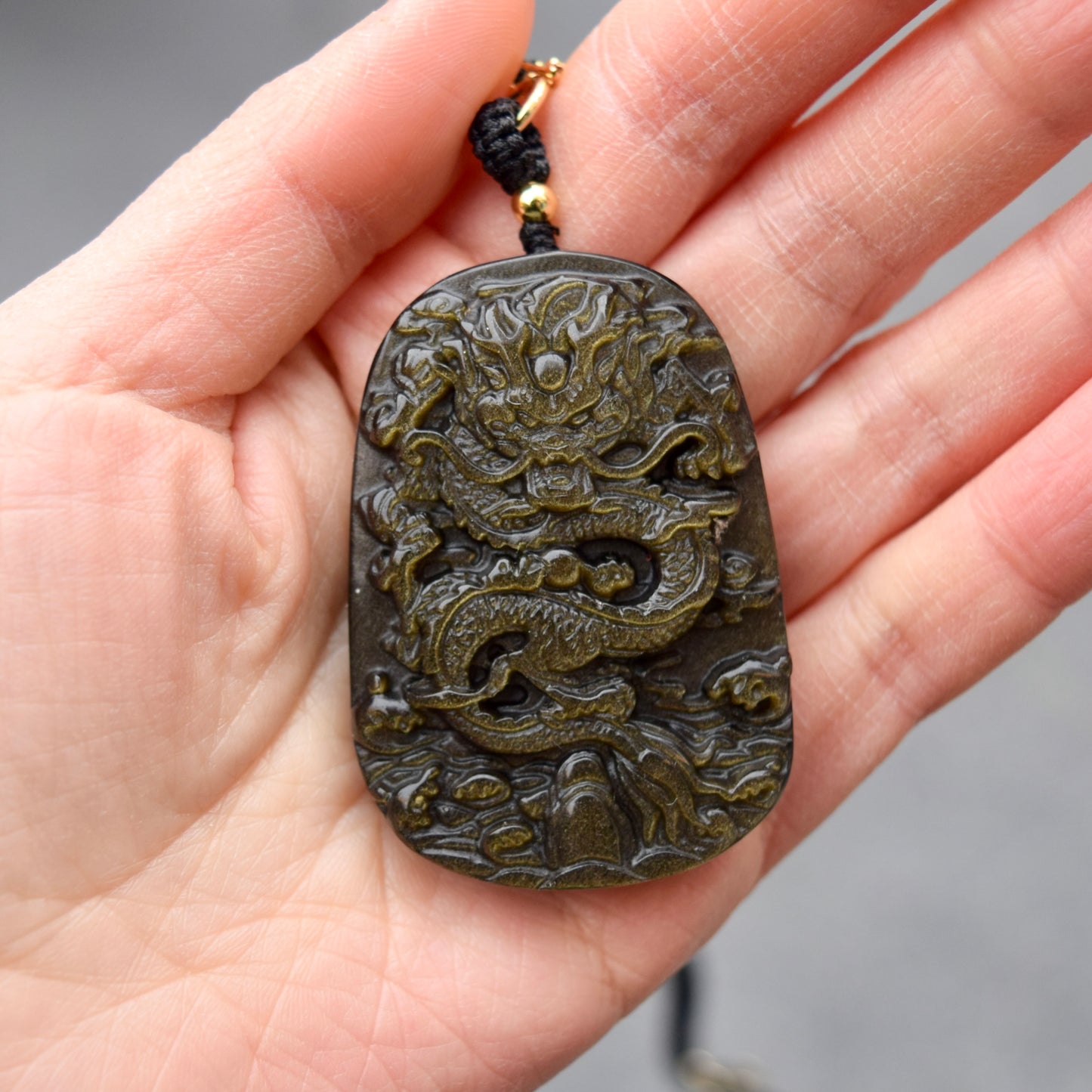 Golden Obsidian Dragon Pendant Necklace