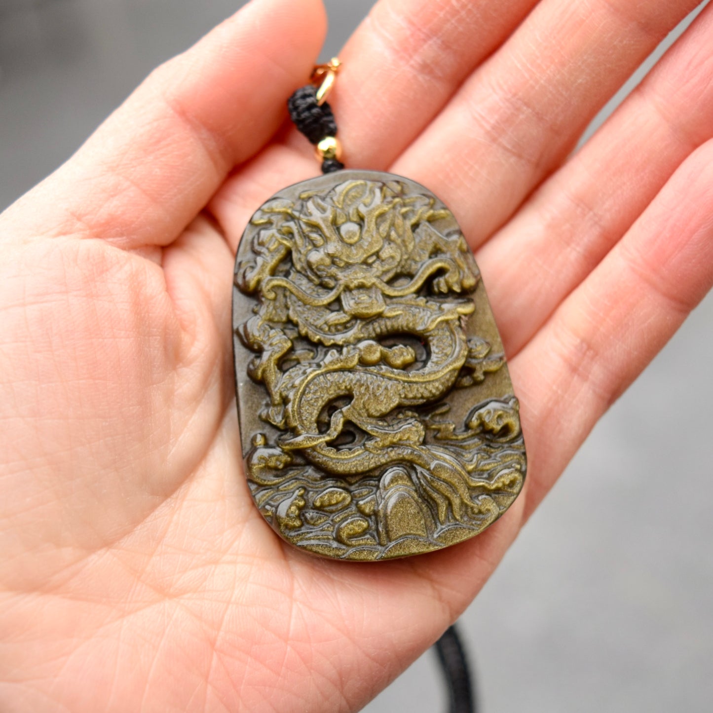 Golden Obsidian Dragon Pendant Necklace