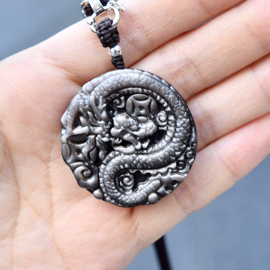 Obsidian Dragon Pendant Necklace - Chinese Zodiac Rope Necklace