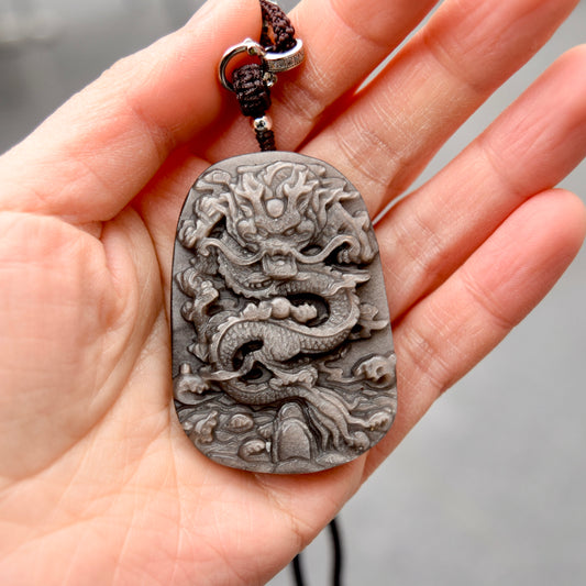 Obsidian Dragon Pendant Necklace - Chinese Zodiac Rope Necklace
