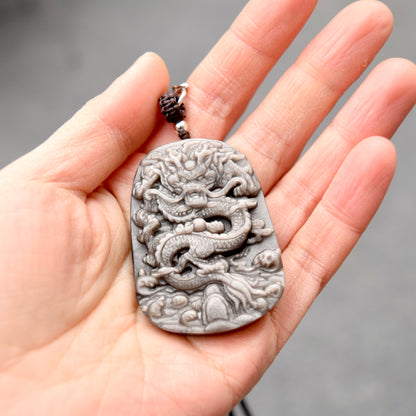 Obsidian Dragon Pendant Necklace - Chinese Zodiac Rope Necklace