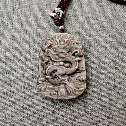 Obsidian Dragon Pendant Necklace - Chinese Zodiac Rope Necklace
