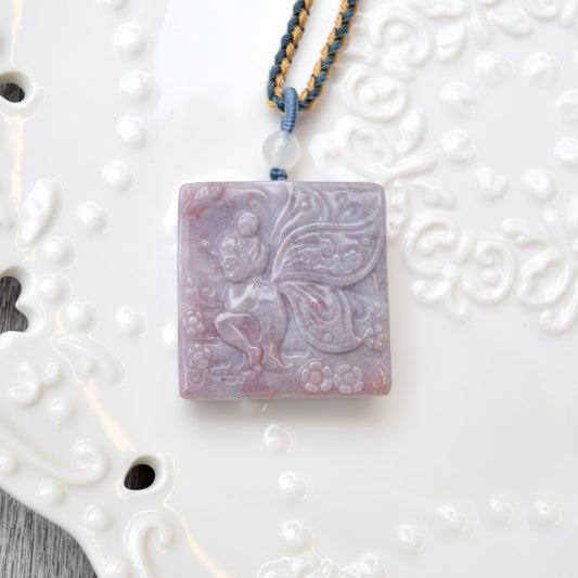 Purple Flower Fairy Pendant Rope Necklace - Ocean Jasper