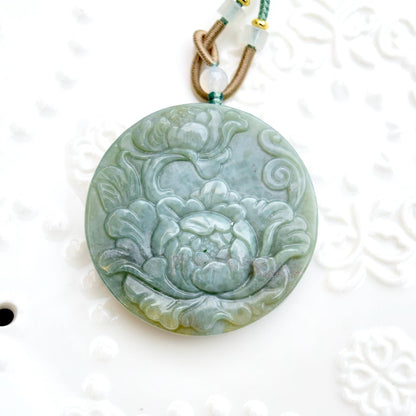 Ocean Agate Peony Pendant Rope Necklace - Green