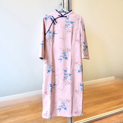 Pink Flora Fan Qipao Midi Dress - Faux Suedue Chinese Cheongsam