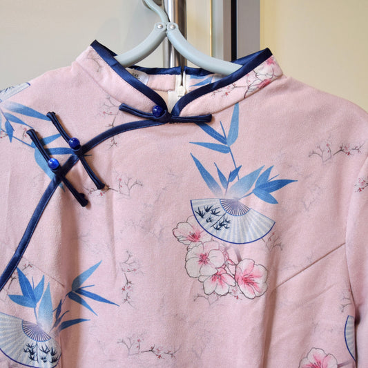 Pink Flora Fan Qipao Midi Dress - Faux Suedue Chinese Cheongsam