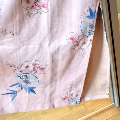 Pink Flora Fan Qipao Midi Dress - Faux Suedue Chinese Cheongsam