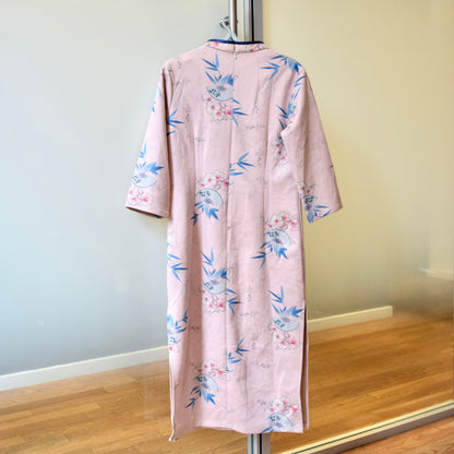 Pink Flora Fan Qipao Midi Dress - Faux Suedue Chinese Cheongsam