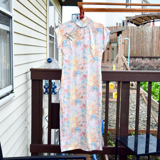 Pink Landscape Printed Qipao Long Dress - Chinese Traditional Cheongsam