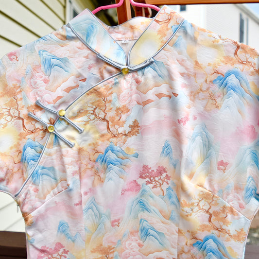 Pink Landscape Printed Qipao Long Dress - Chinese Traditional Cheongsam