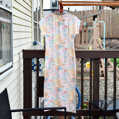 Pink Landscape Printed Qipao Long Dress - Chinese Traditional Cheongsam