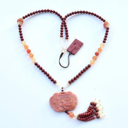 Pink Jade Peony Pendant Necklace - Cinnabar Beaded Chain