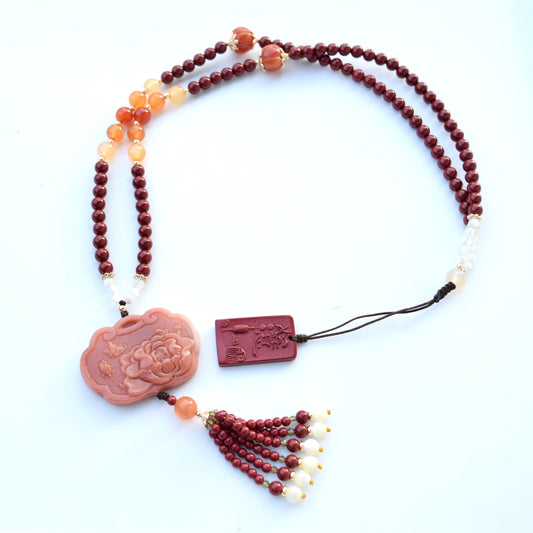 Pink Jade Peony Pendant Necklace - Cinnabar Beaded Chain