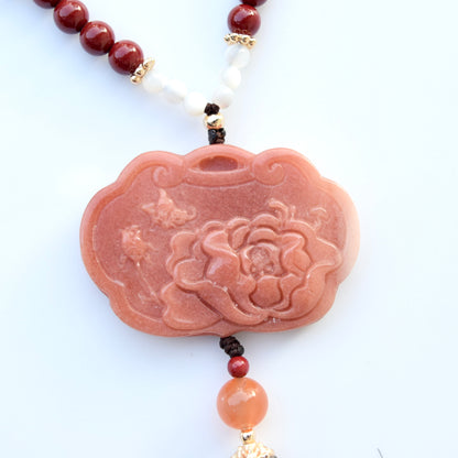 Pink Jade Peony Pendant Necklace - Cinnabar Beaded Chain