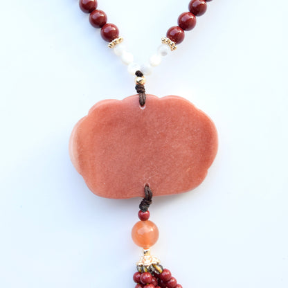 Pink Jade Peony Pendant Necklace - Cinnabar Beaded Chain