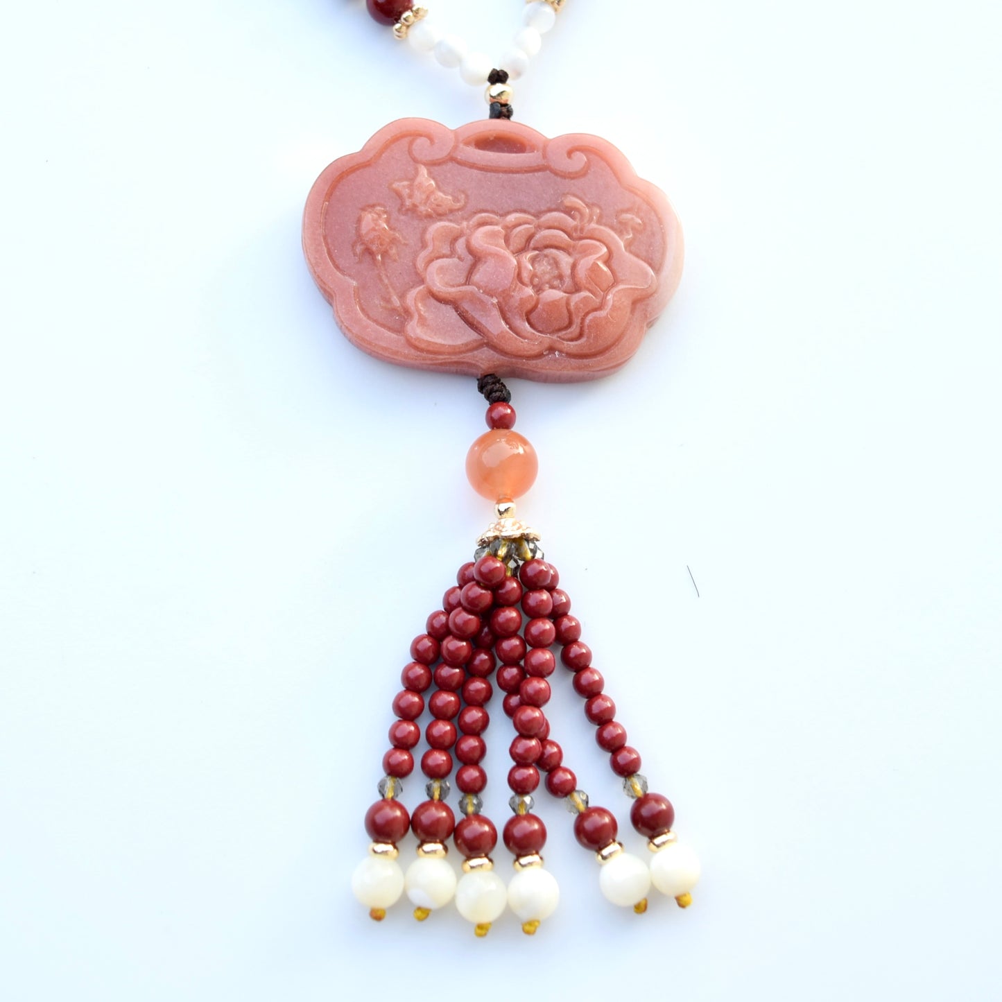 Pink Jade Peony Pendant Necklace - Cinnabar Beaded Chain