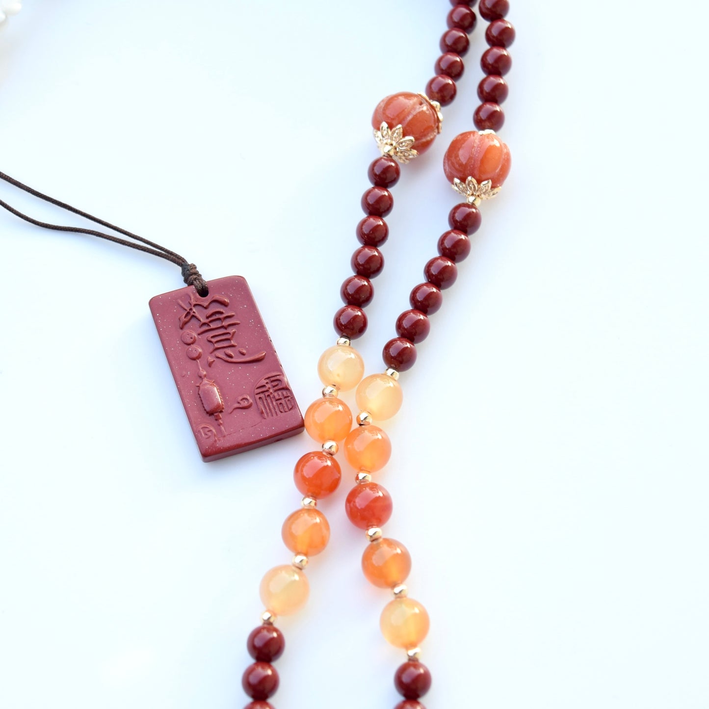 Pink Jade Peony Pendant Necklace - Cinnabar Beaded Chain