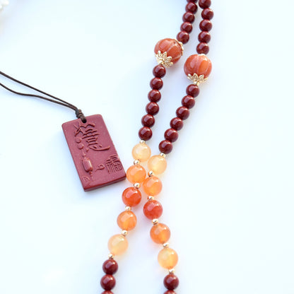 Pink Jade Peony Pendant Necklace - Cinnabar Beaded Chain