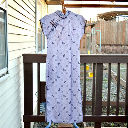 Purple Cat Printed Qipao Long Dress - Chinese Traditional Cheongsam
