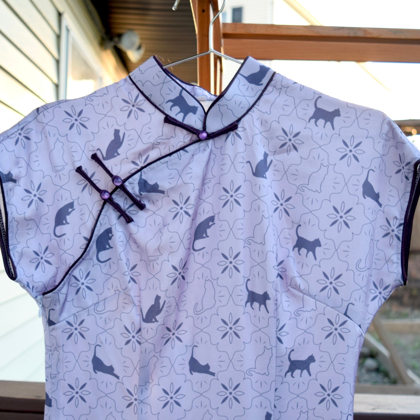 Purple Cat Printed Qipao Long Dress - Chinese Traditional Cheongsam