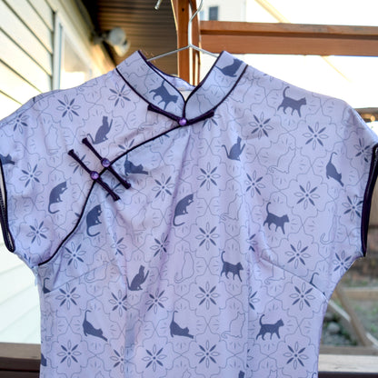 Purple Cat Printed Qipao Long Dress - Chinese Traditional Cheongsam