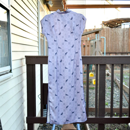 Purple Cat Printed Qipao Long Dress - Chinese Traditional Cheongsam