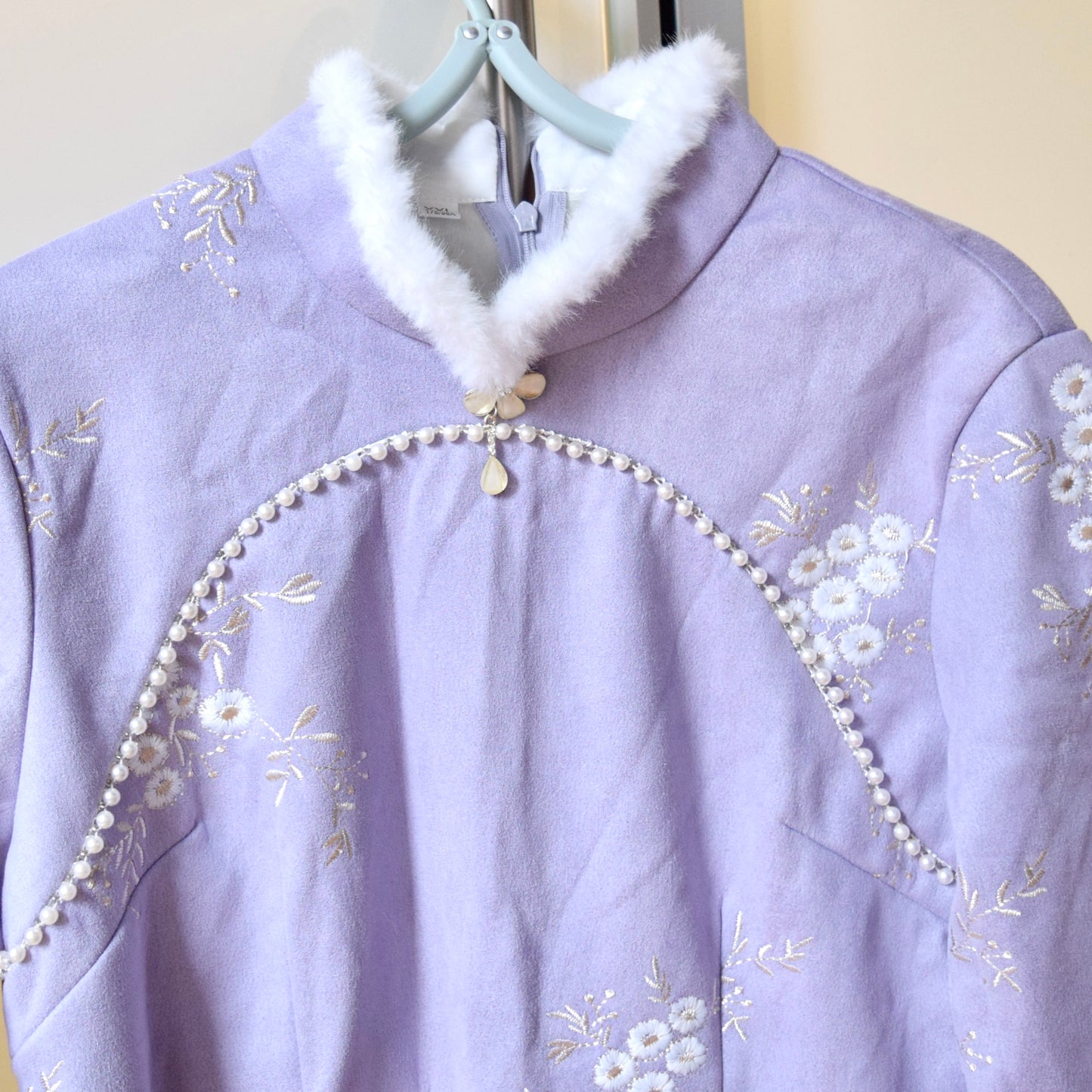 Purple Flora Embroidered Faux Fur Trim Qipao Long Dress