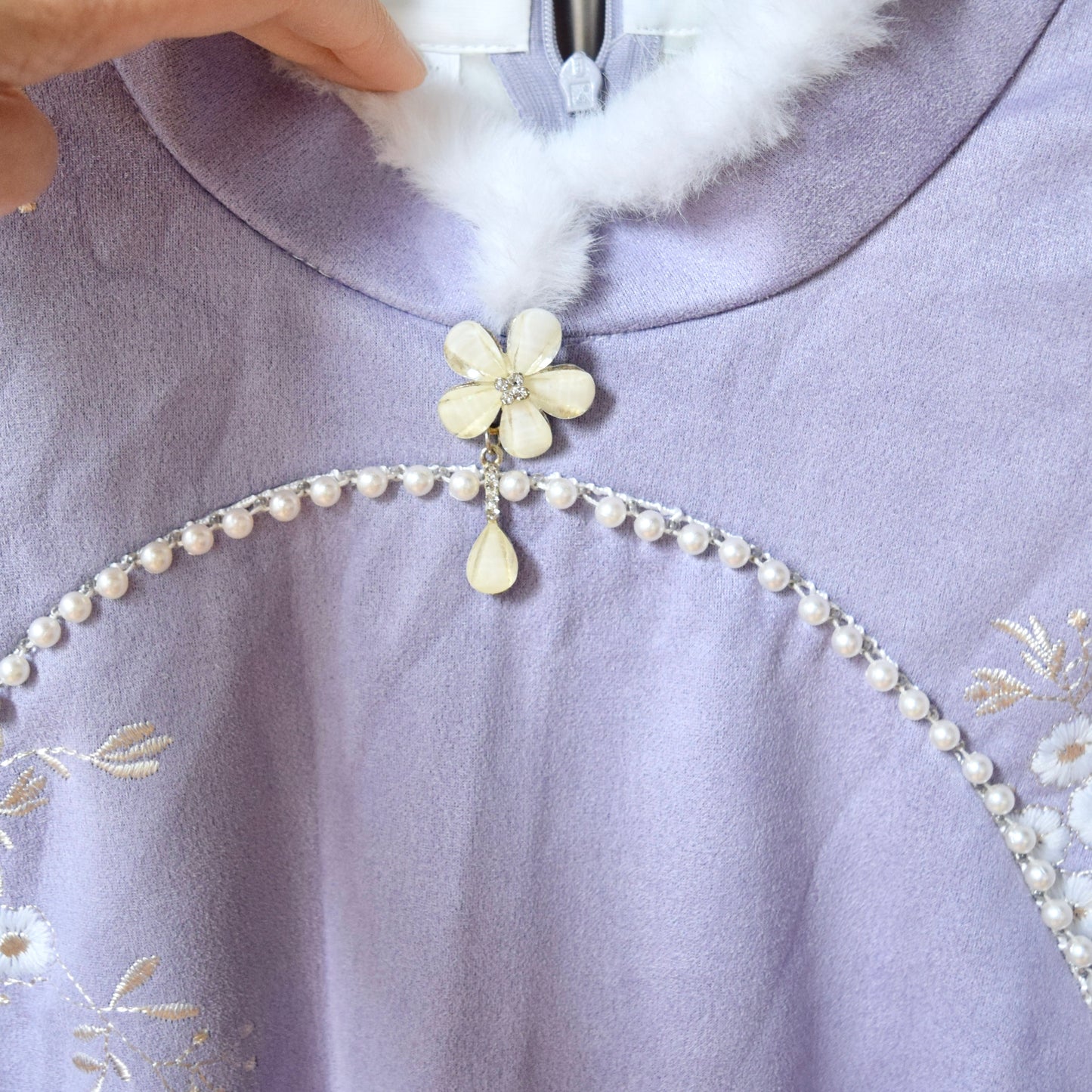 Purple Flora Embroidered Faux Fur Trim Qipao Long Dress