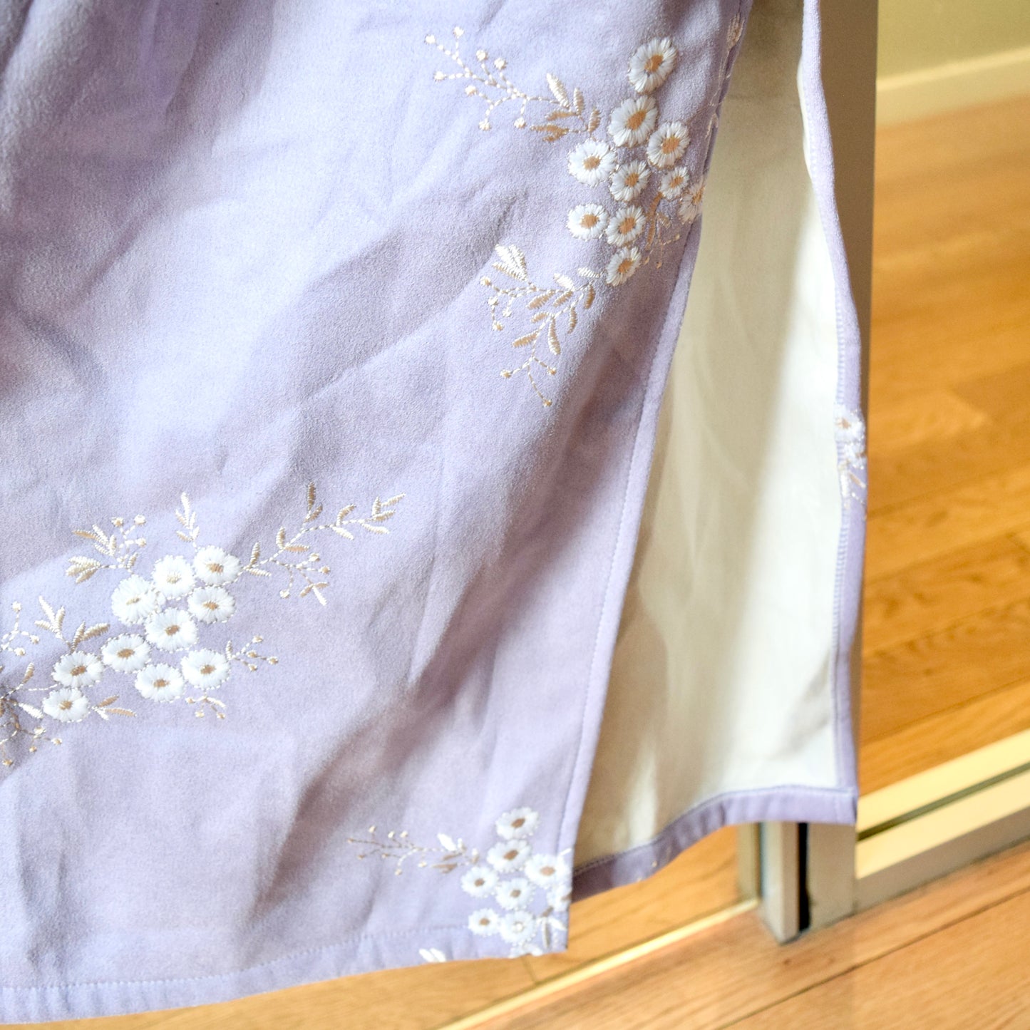 Purple Flora Embroidered Faux Fur Trim Qipao Long Dress