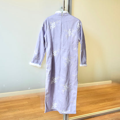 Purple Flora Embroidered Faux Fur Trim Qipao Long Dress