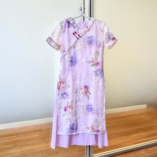 Purple Rose V Neck Qipao Aodai Dress - Chinese Cheongsam