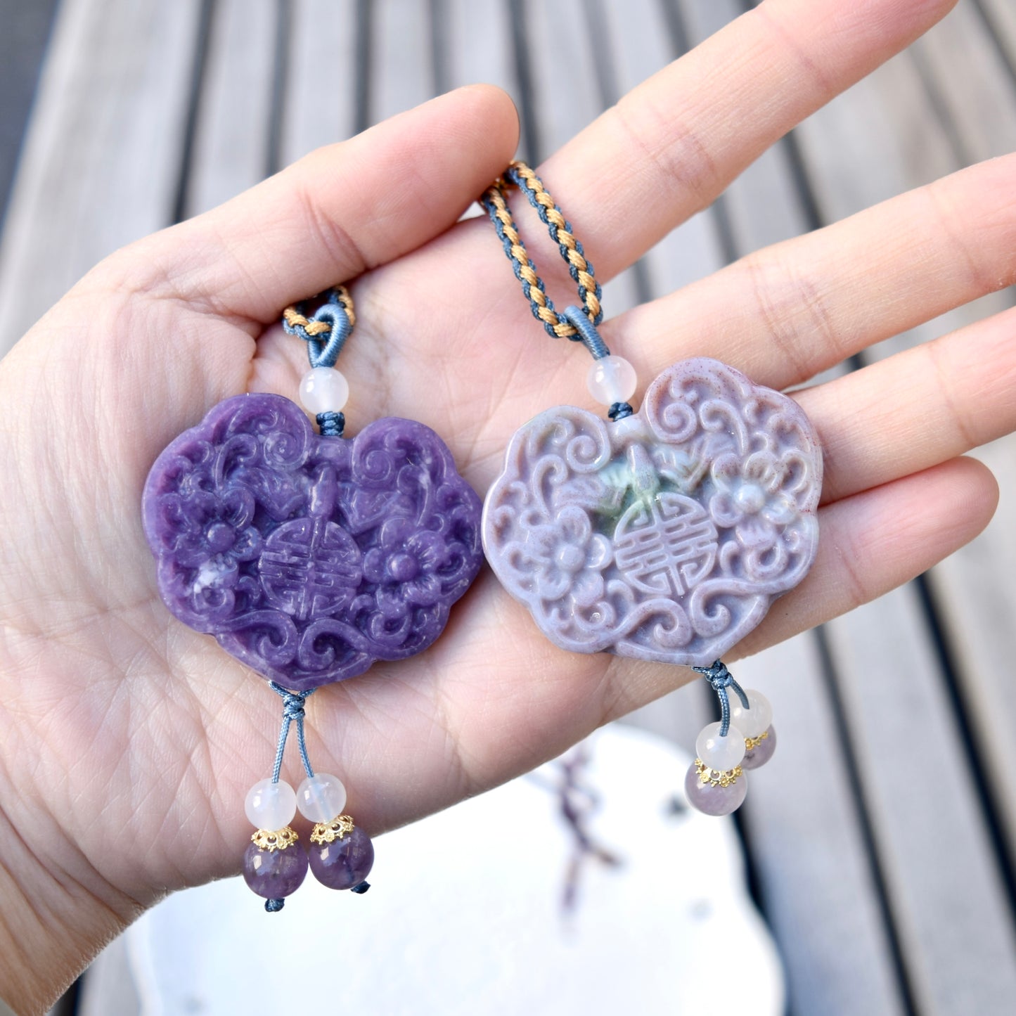 Purple Flora Lock Pendant Rope Necklace - Ocean Jasper Quartz Jade